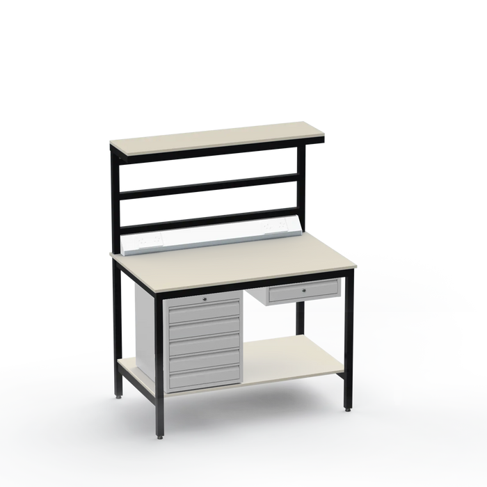 Electronics ESD Workbench | Anti-Static Worktop | 5 Drawers & Single Drawer & Bench Top Electrical & Upper & Lower Shelves