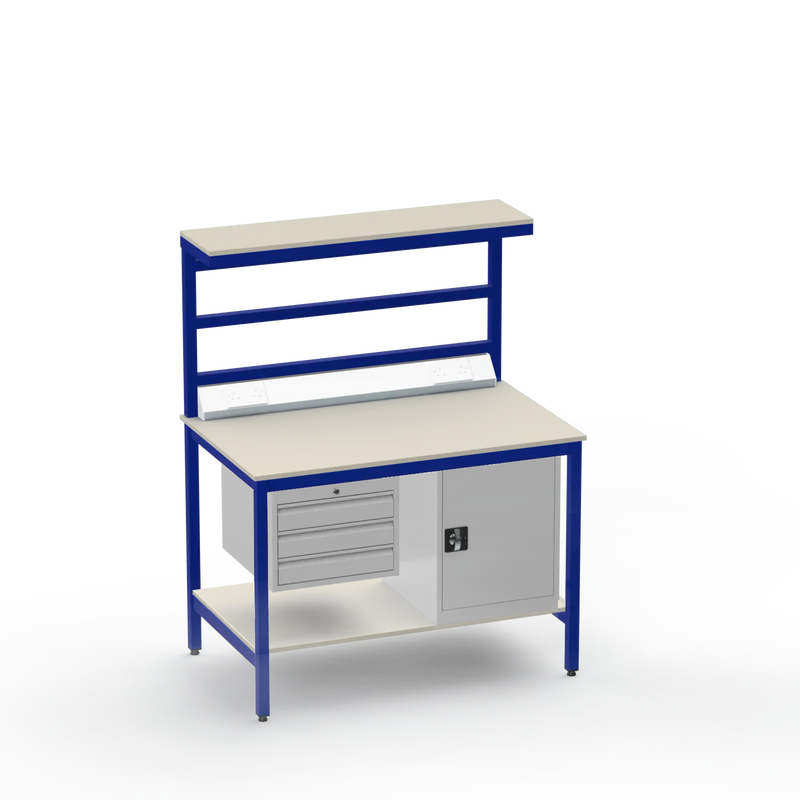 Electronics ESD Workbench | Anti-Static Worktop | 3 Drawers & Cupboard | Benchtop Electrical | Upper & Lower Shelves