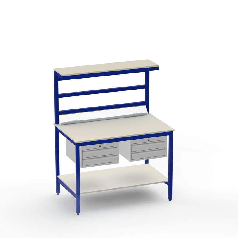 Electronics ESD Workbench | Anti-Static Worktop | Twin 2-Drawer Units & Electrical & Upper & Lower Shelves