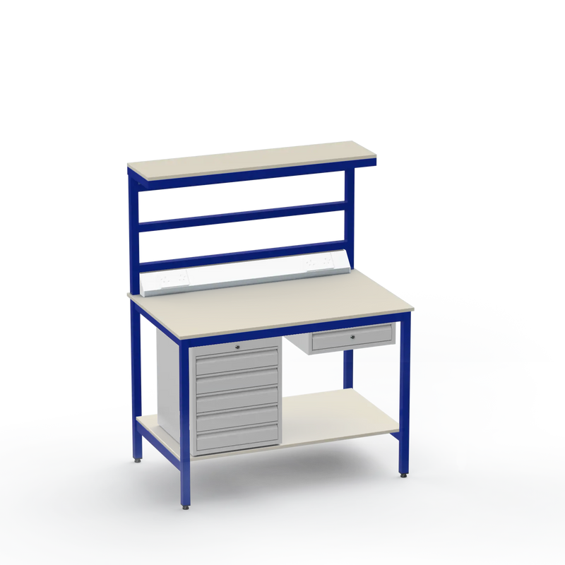 Electronics ESD Workbench | Anti-Static Worktop | 5 Drawers & Single Drawer & Bench Top Electrical & Upper & Lower Shelves