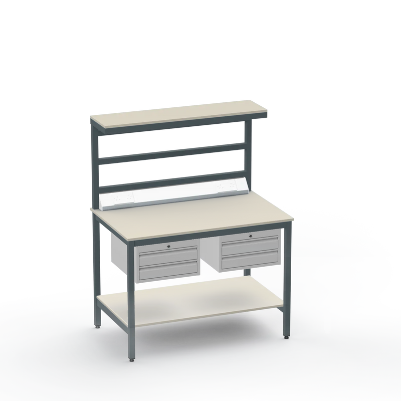 Electronics ESD Workbench | Anti-Static Worktop | Twin 2-Drawer Units & Electrical & Upper & Lower Shelves
