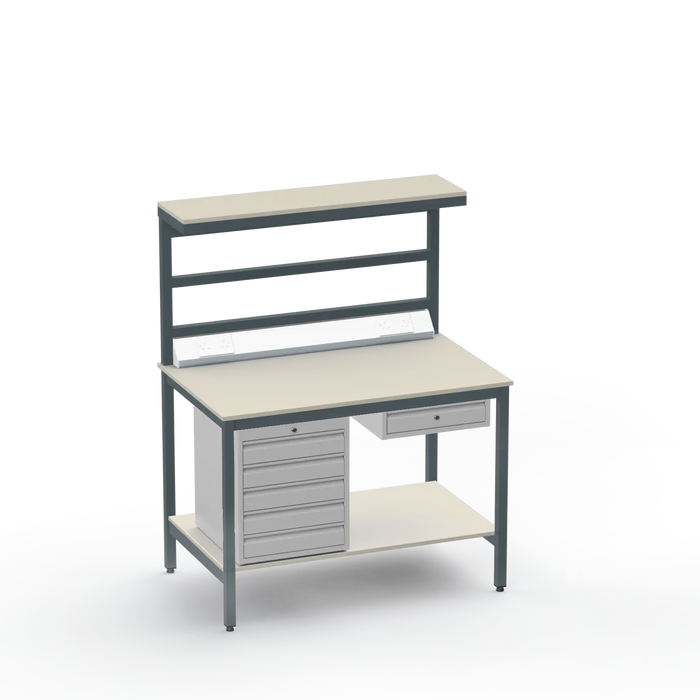 Electronics ESD Workbench | Anti-Static Worktop | 5 Drawers & Single Drawer & Bench Top Electrical & Upper & Lower Shelves