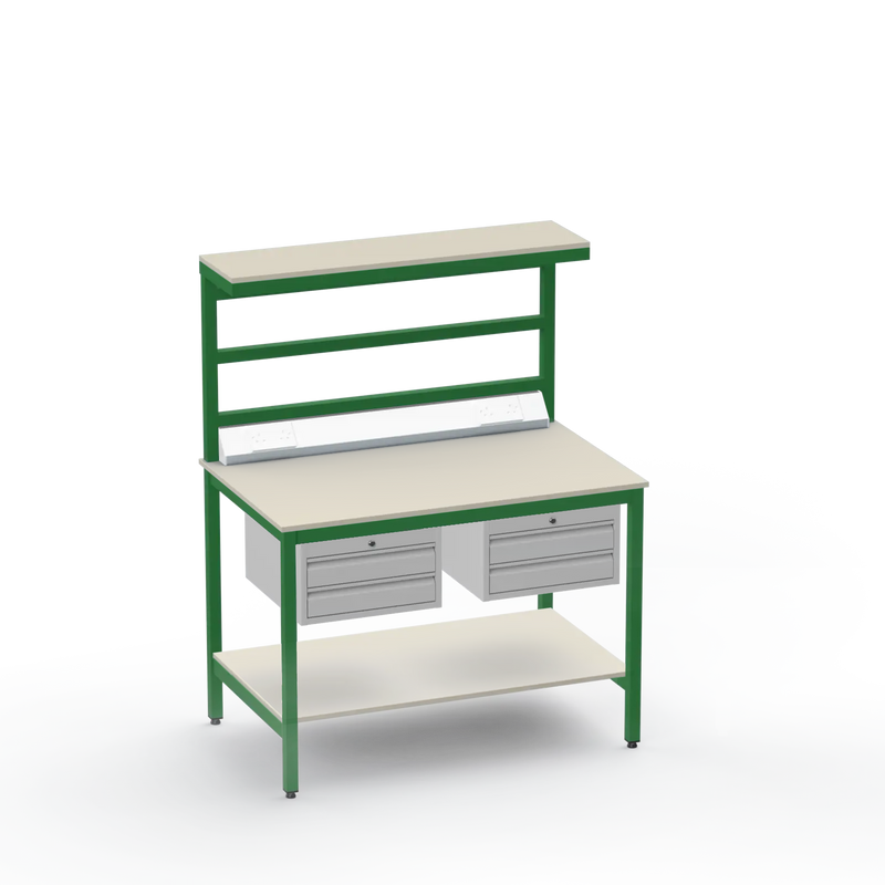 Electronics ESD Workbench | Anti-Static Worktop | Twin 2-Drawer Units & Electrical & Upper & Lower Shelves
