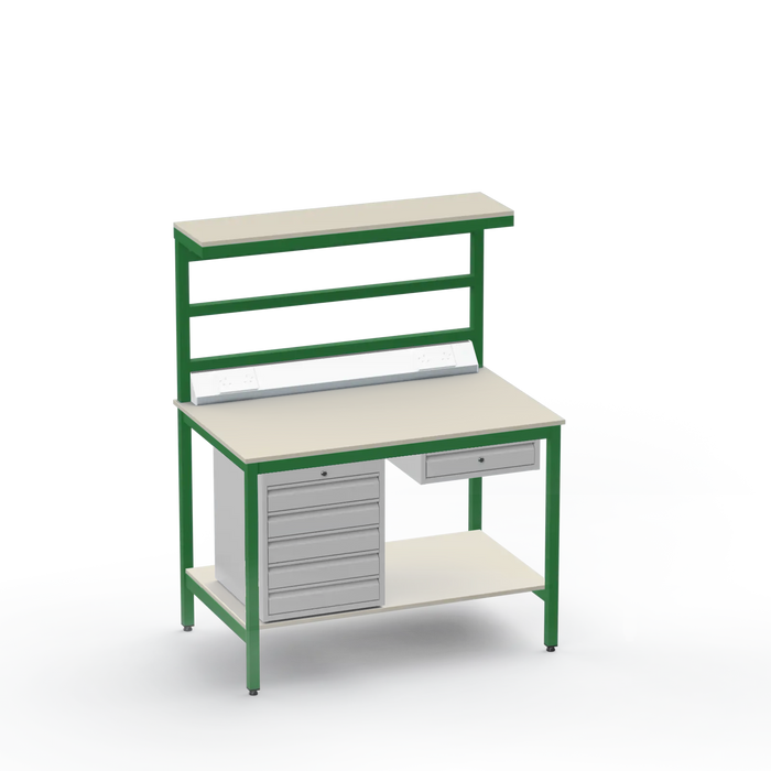 Electronics ESD Workbench | Anti-Static Worktop | 5 Drawers & Single Drawer & Bench Top Electrical & Upper & Lower Shelves