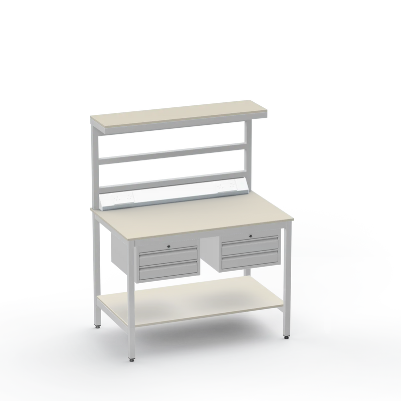 Electronics ESD Workbench | Anti-Static Worktop | Twin 2-Drawer Units & Electrical & Upper & Lower Shelves