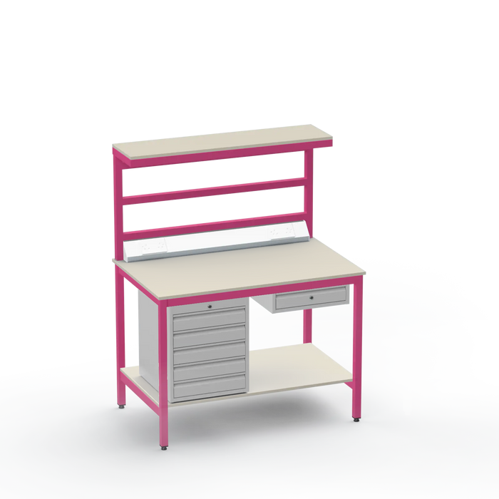 Electronics ESD Workbench | Anti-Static Worktop | 5 Drawers & Single Drawer & Bench Top Electrical & Upper & Lower Shelves