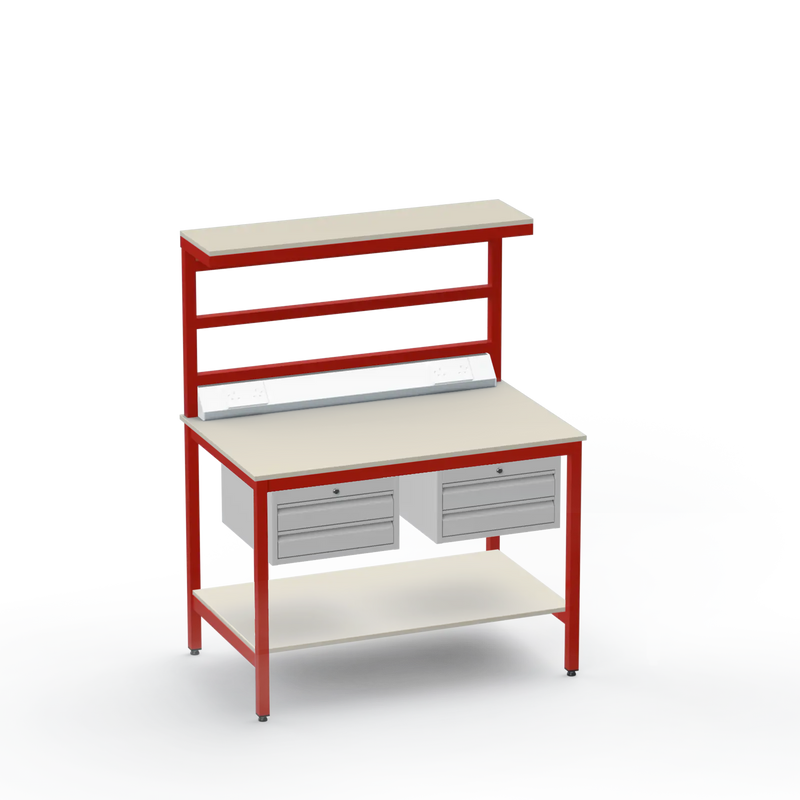 Electronics ESD Workbench | Anti-Static Worktop | Twin 2-Drawer Units & Electrical & Upper & Lower Shelves