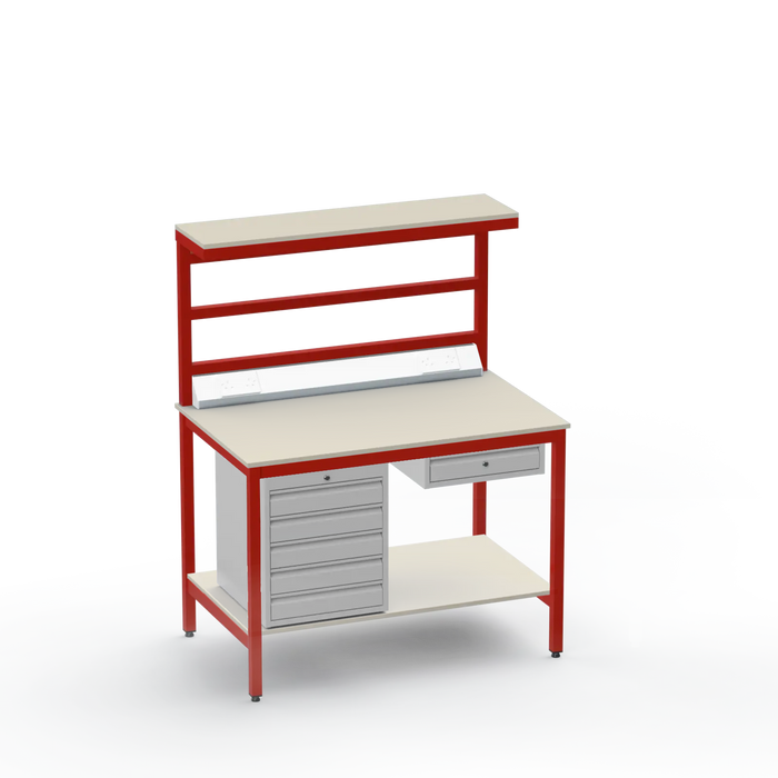 Electronics ESD Workbench | Anti-Static Worktop | 5 Drawers & Single Drawer & Bench Top Electrical & Upper & Lower Shelves
