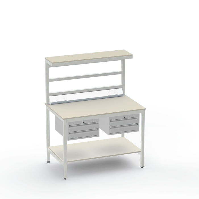 Electronics ESD Workbench | Anti-Static Worktop | Twin 2-Drawer Units & Electrical & Upper & Lower Shelves