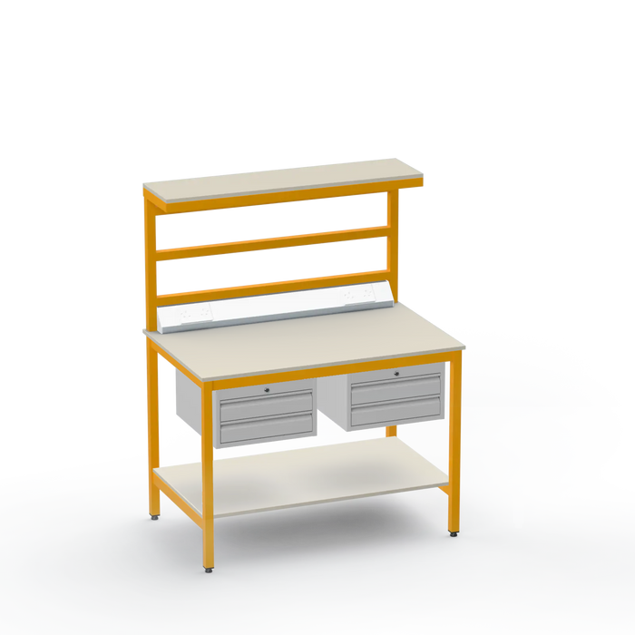 Electronics ESD Workbench | Anti-Static Worktop | Twin 2-Drawer Units & Electrical & Upper & Lower Shelves