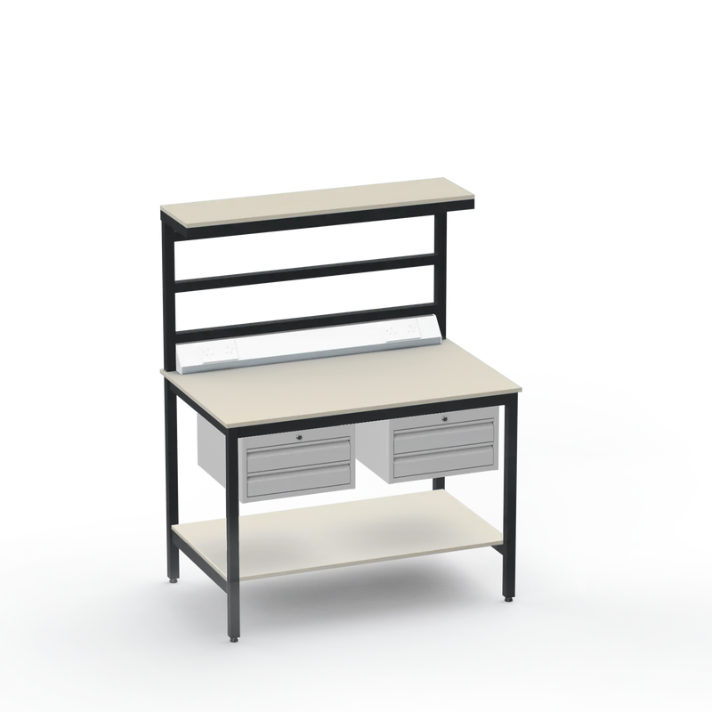 Electronics ESD Workbench | Anti-Static Worktop | Twin 2-Drawer Units & Electrical & Upper & Lower Shelves