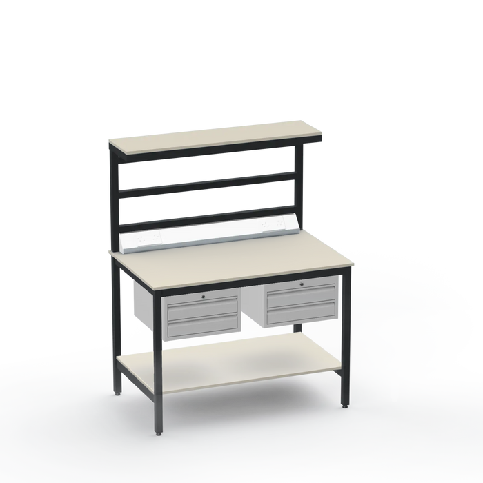 Electronics ESD Workbench | Anti-Static Worktop | Twin 2-Drawer Units & Electrical & Upper & Lower Shelves
