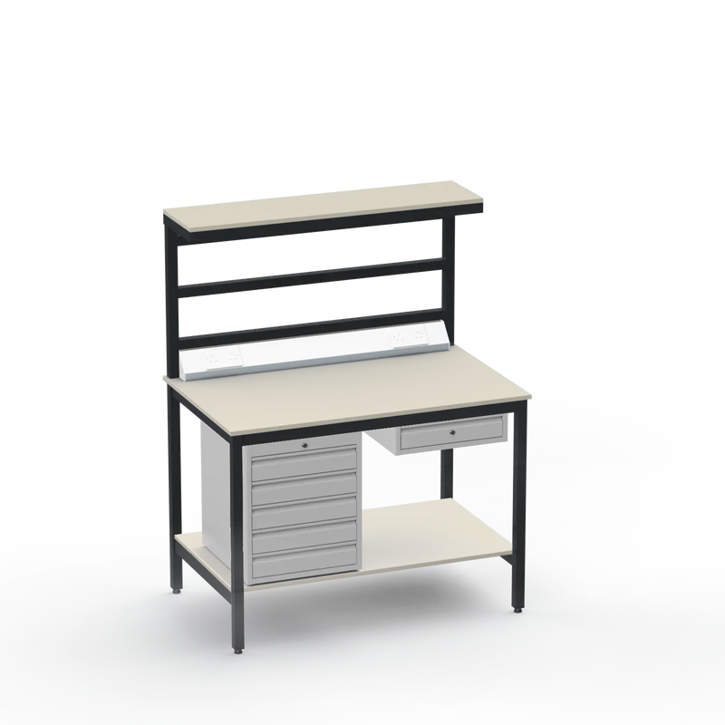 Electronics ESD Workbench | Anti-Static Worktop | 5 Drawers & Single Drawer & Bench Top Electrical & Upper & Lower Shelves