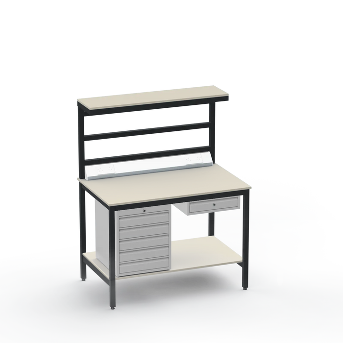 Electronics ESD Workbench | Anti-Static Worktop | 5 Drawers & Single Drawer & Bench Top Electrical & Upper & Lower Shelves