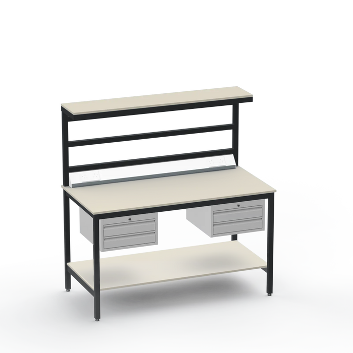 Electronics ESD Workbench | Anti-Static Worktop | Twin 2-Drawer Units & Electrical & Upper & Lower Shelves