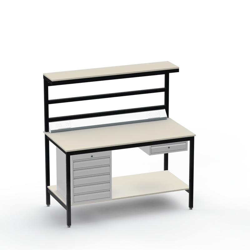 Electronics ESD Workbench | Anti-Static Worktop | 5 Drawers & Single Drawer & Bench Top Electrical & Upper & Lower Shelves