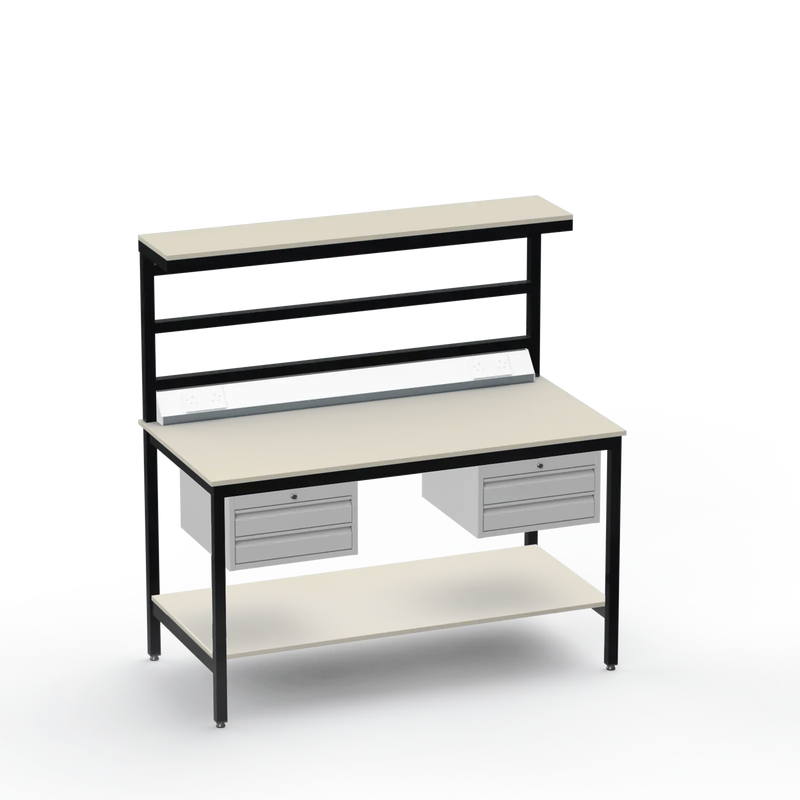 Electronics ESD Workbench | Anti-Static Worktop | Twin 2-Drawer Units & Electrical & Upper & Lower Shelves