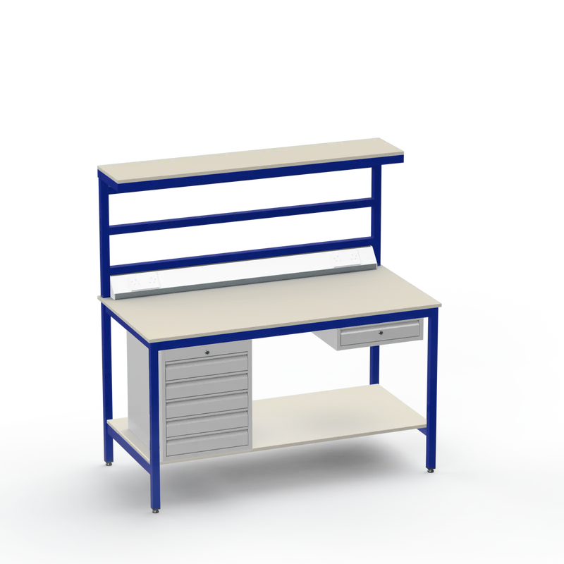 Electronics ESD Workbench | Anti-Static Worktop | 5 Drawers & Single Drawer & Bench Top Electrical & Upper & Lower Shelves
