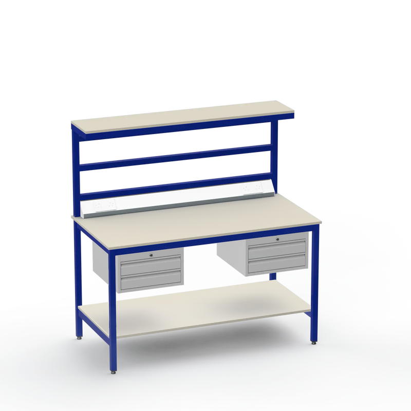 Electronics ESD Workbench | Anti-Static Worktop | Twin 2-Drawer Units & Electrical & Upper & Lower Shelves