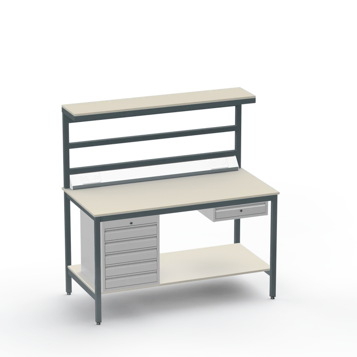 Electronics ESD Workbench | Anti-Static Worktop | 5 Drawers & Single Drawer & Bench Top Electrical & Upper & Lower Shelves