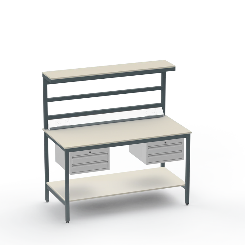 Electronics ESD Workbench | Anti-Static Worktop | Twin 2-Drawer Units & Electrical & Upper & Lower Shelves