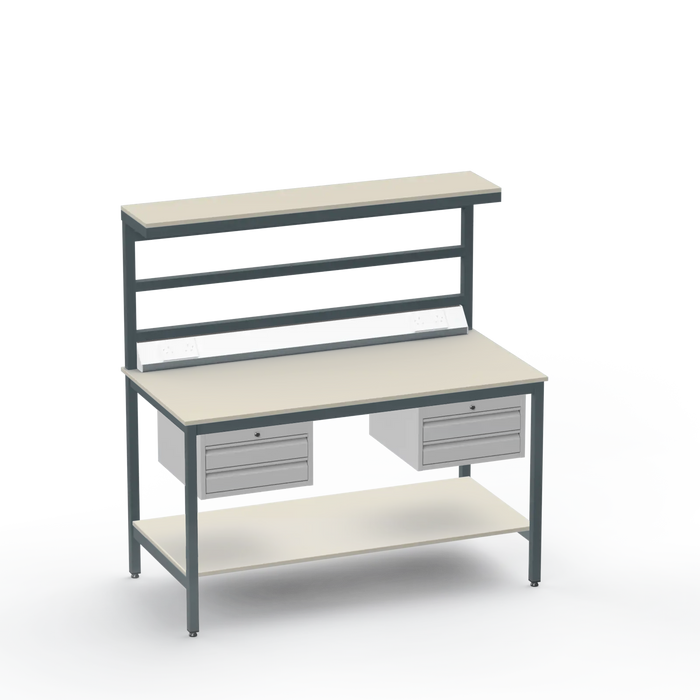 Electronics ESD Workbench | Anti-Static Worktop | Twin 2-Drawer Units & Electrical & Upper & Lower Shelves
