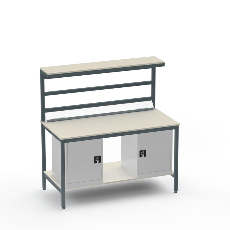 Electronics ESD Workbench | Anti-Static Worktop | Twin Cupboards & Upper & Lower Shelves & Benchtop Electrical