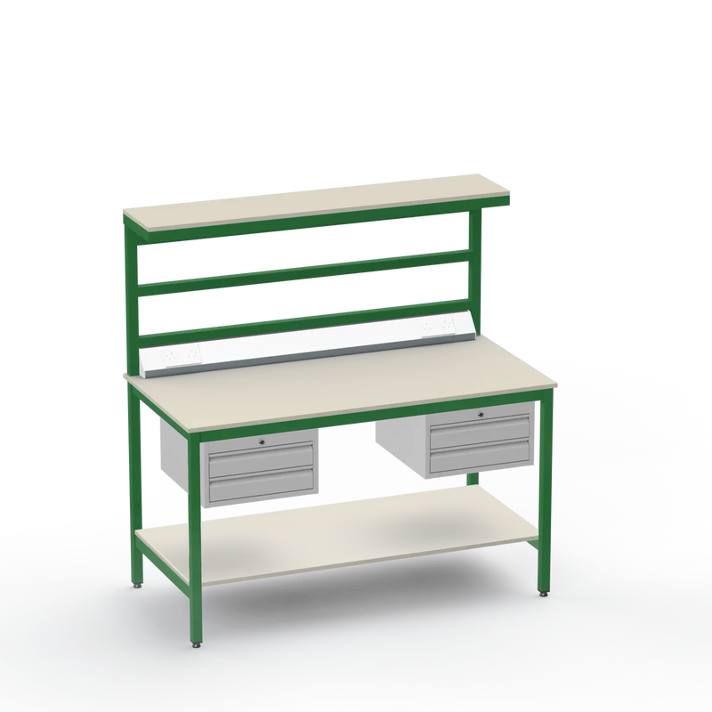 Electronics ESD Workbench | Anti-Static Worktop | Twin 2-Drawer Units & Electrical & Upper & Lower Shelves