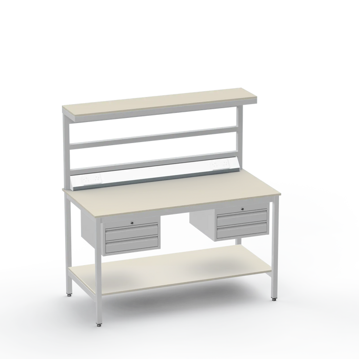 Electronics ESD Workbench | Anti-Static Worktop | Twin 2-Drawer Units & Electrical & Upper & Lower Shelves