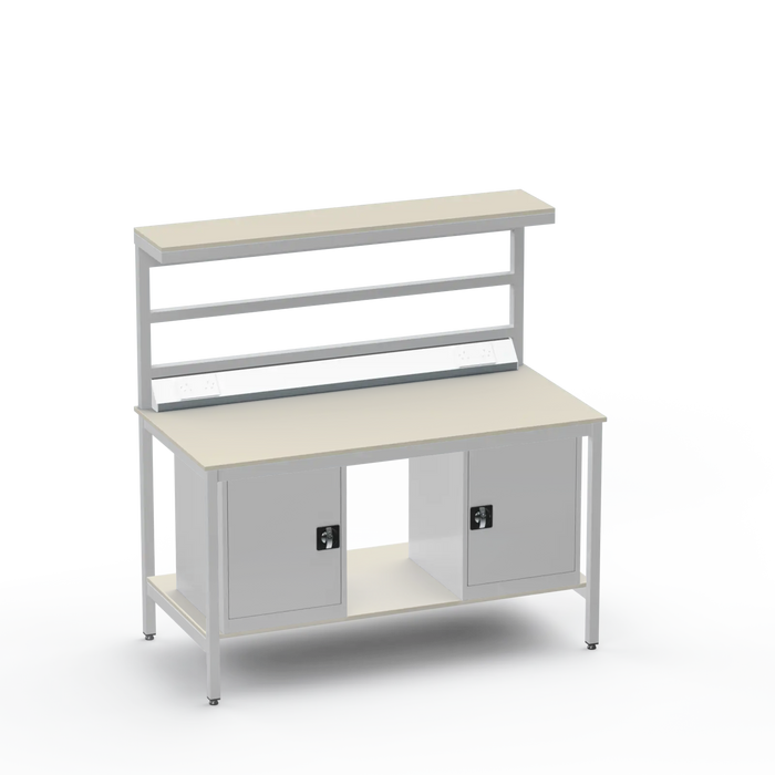 Electronics ESD Workbench | Anti-Static Worktop | Twin Cupboards & Upper & Lower Shelves & Benchtop Electrical