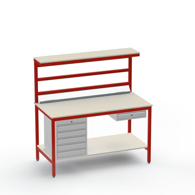 Electronics ESD Workbench | Anti-Static Worktop | 5 Drawers & Single Drawer & Bench Top Electrical & Upper & Lower Shelves