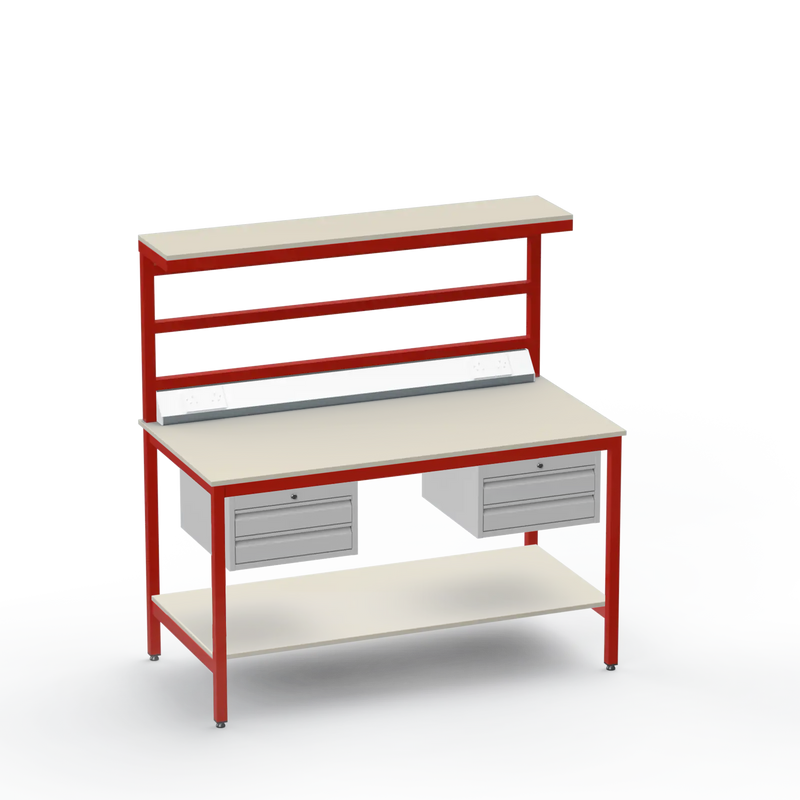 Electronics ESD Workbench | Anti-Static Worktop | Twin 2-Drawer Units & Electrical & Upper & Lower Shelves