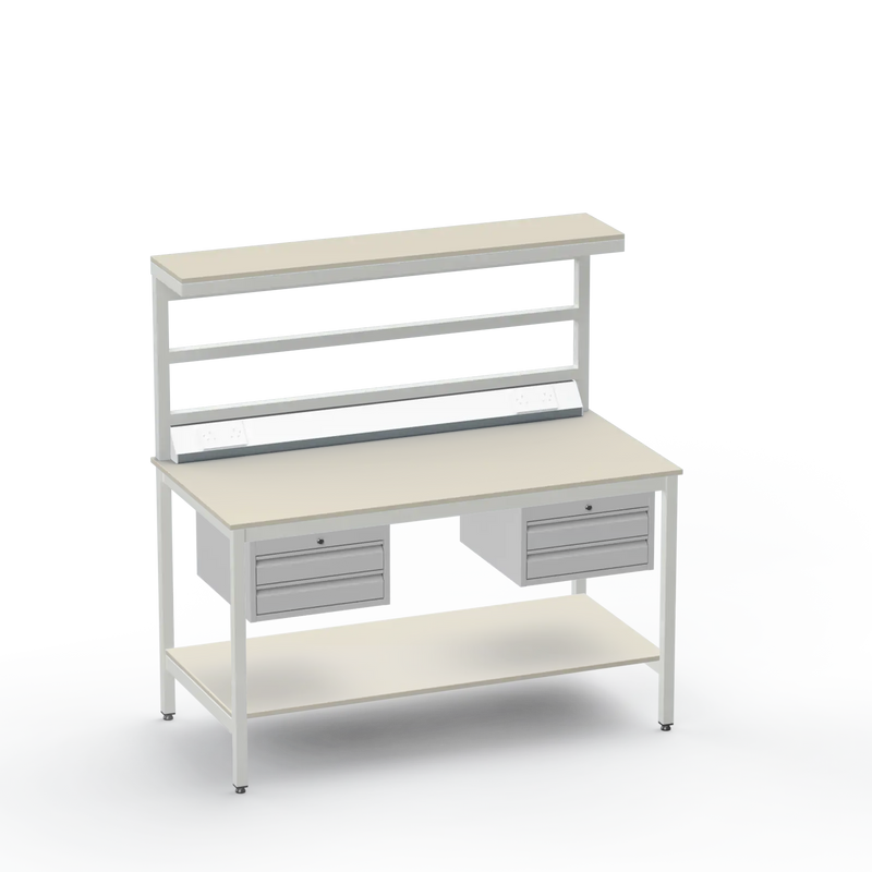 Electronics ESD Workbench | Anti-Static Worktop | Twin 2-Drawer Units & Electrical & Upper & Lower Shelves