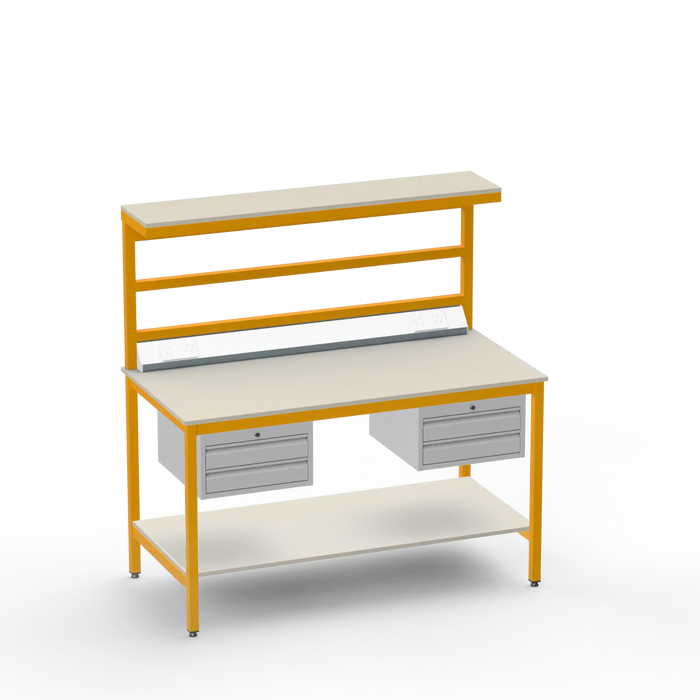 Electronics ESD Workbench | Anti-Static Worktop | Twin 2-Drawer Units & Electrical & Upper & Lower Shelves