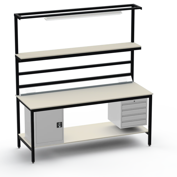 Electronics ESD Workbench | Anti-Static Worktop | Cupboard & 4 Drawers | Upper & Lower Shelves | Lighting Rail & Electrical