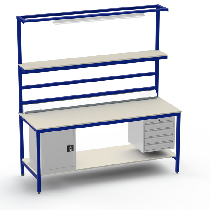Electronics ESD Workbench | Anti-Static Worktop | Cupboard & 4 Drawers | Upper & Lower Shelves | Lighting Rail & Electrical