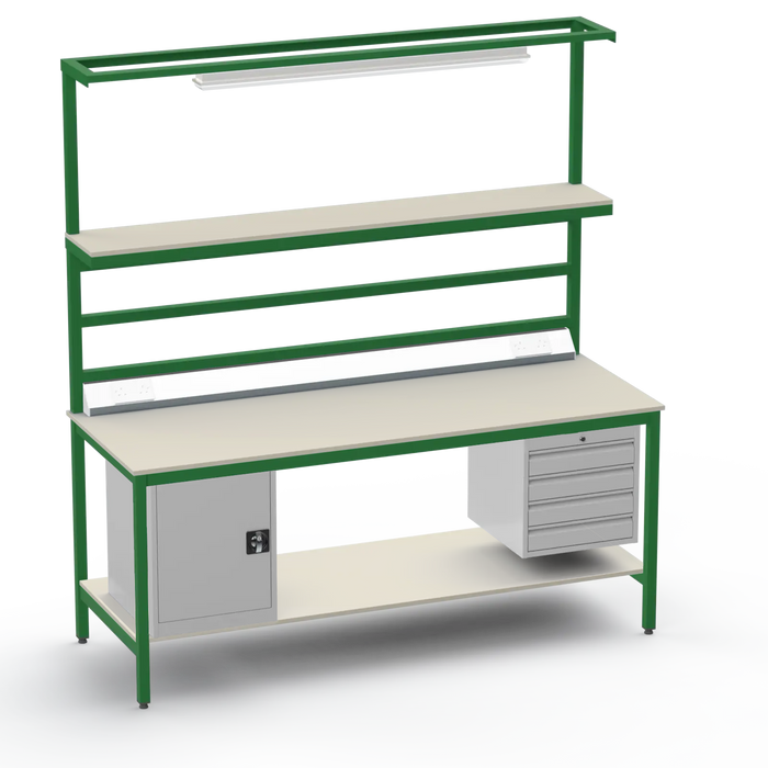 Electronics ESD Workbench | Anti-Static Worktop | Cupboard & 4 Drawers | Upper & Lower Shelves | Lighting Rail & Electrical