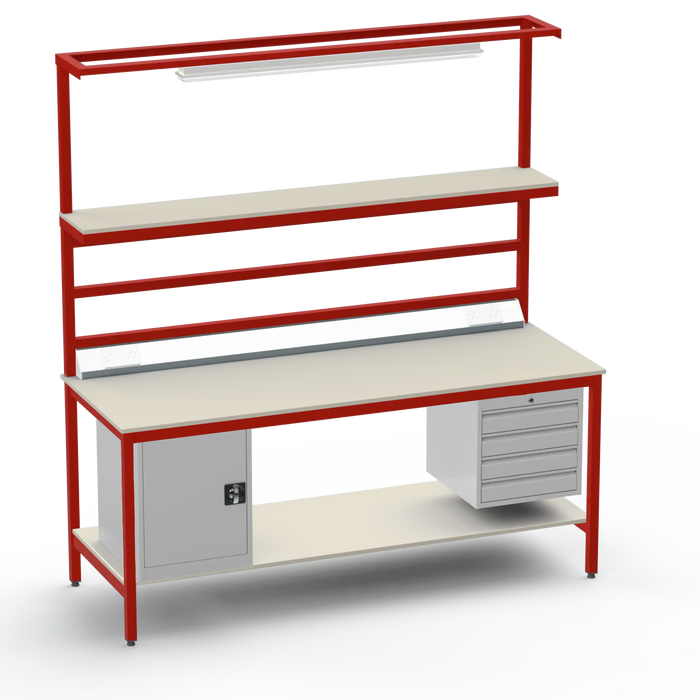 Electronics ESD Workbench | Anti-Static Worktop | Cupboard & 4 Drawers | Upper & Lower Shelves | Lighting Rail & Electrical