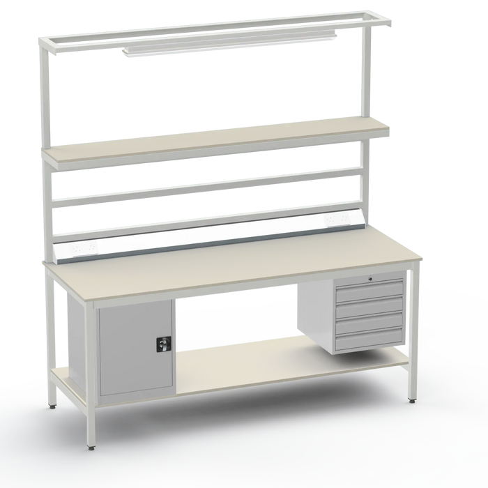 Electronics ESD Workbench | Anti-Static Worktop | Cupboard & 4 Drawers | Upper & Lower Shelves | Lighting Rail & Electrical