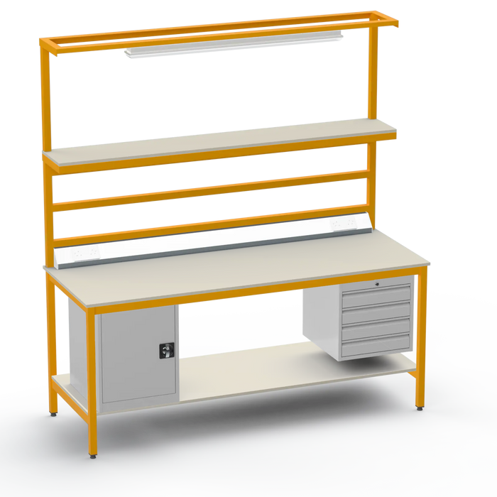 Electronics ESD Workbench | Anti-Static Worktop | Cupboard & 4 Drawers | Upper & Lower Shelves | Lighting Rail & Electrical
