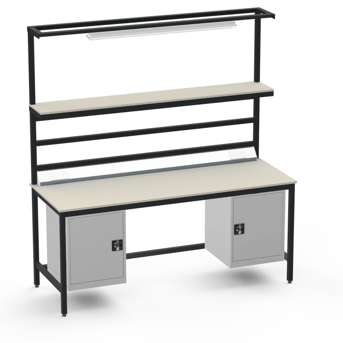 Electronics ESD Workbench | Anti-Static Worktop | Twin Cupboards, Upper Shelf, Light Fitting & Electrical
