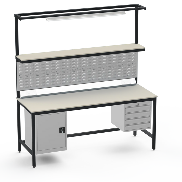 Electronics ESD Workbench | Anti-Static Worktop | Cupboard & 4 Drawers | Upper Shelf | Lighting Rail