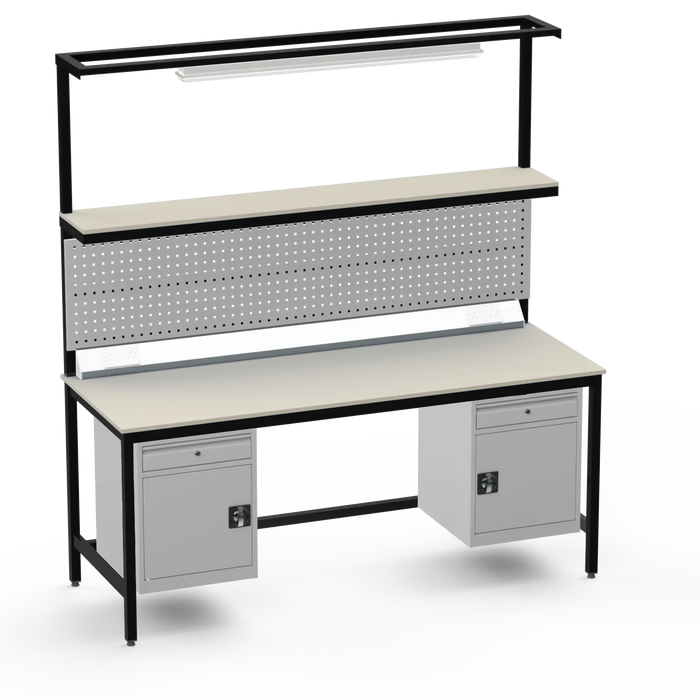 Electronics ESD Workbench | Anti-Static Worktop | Twin Cupboards With Drawer | Upper Shelf & Tool Panel | Electrical & Lighting