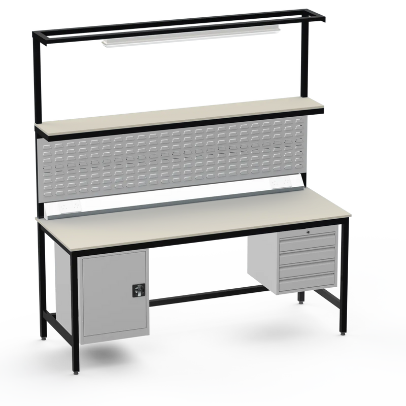 Electronics ESD Workbench | Anti-Static Worktop | Cupboard & 4 Drawers | Upper Shelf | Lighting Rail