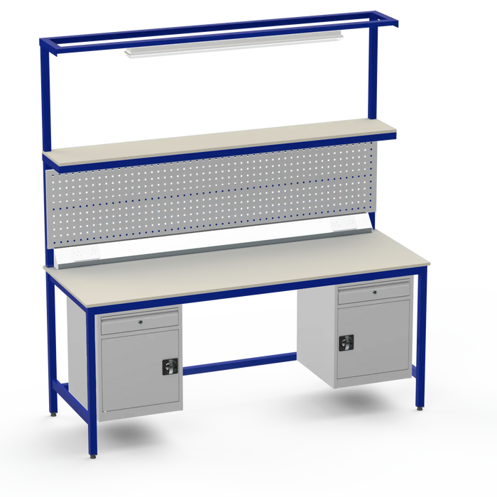 Electronics ESD Workbench | Anti-Static Worktop | Twin Cupboards With Drawer | Upper Shelf & Tool Panel | Electrical & Lighting