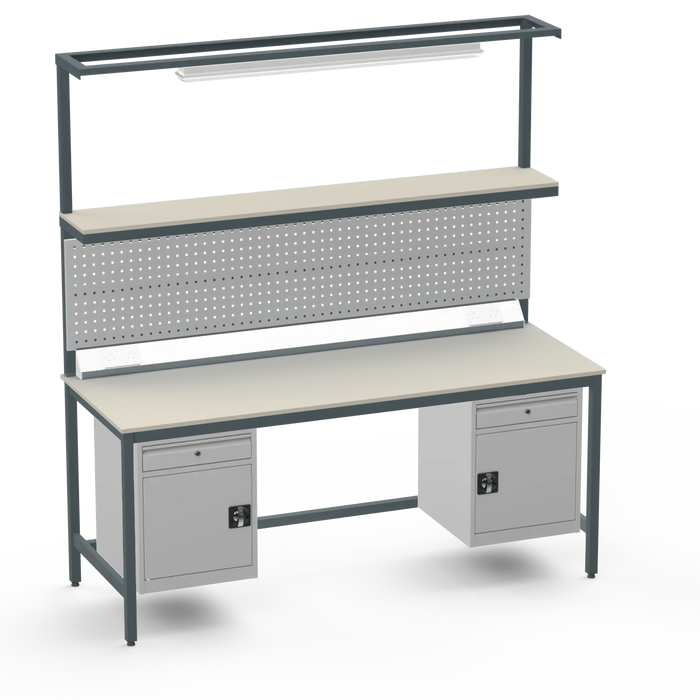 Electronics ESD Workbench | Anti-Static Worktop | Twin Cupboards With Drawer | Upper Shelf & Tool Panel | Electrical & Lighting