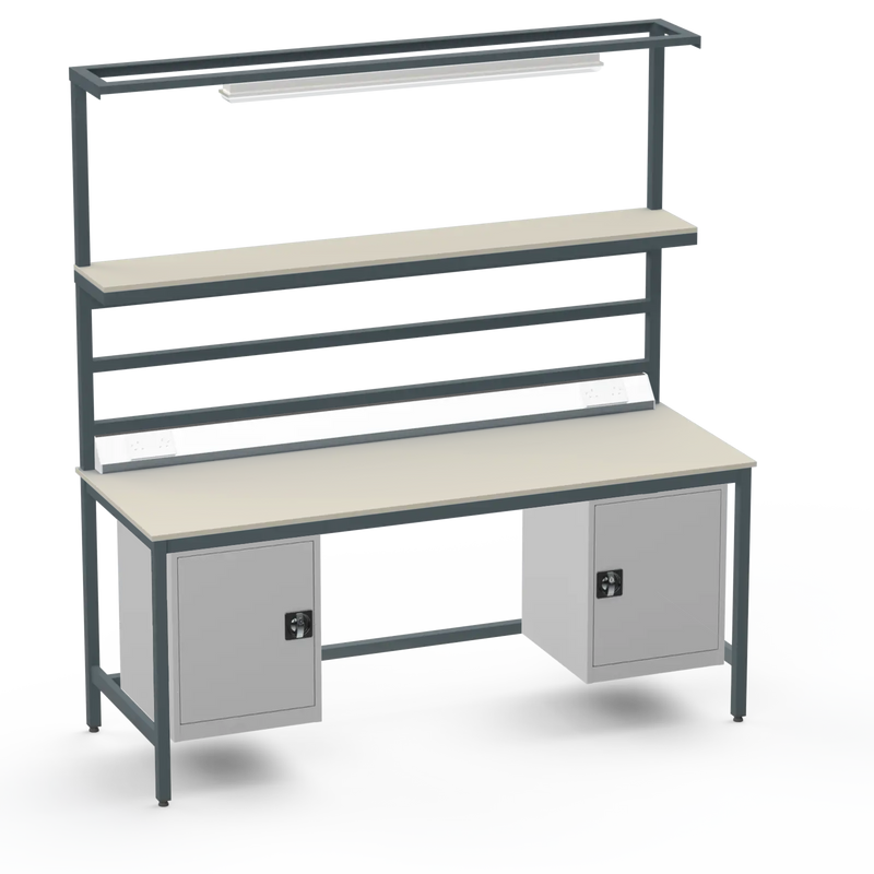 Electronics ESD Workbench | Anti-Static Worktop | Twin Cupboards, Upper Shelf, Light Fitting & Electrical