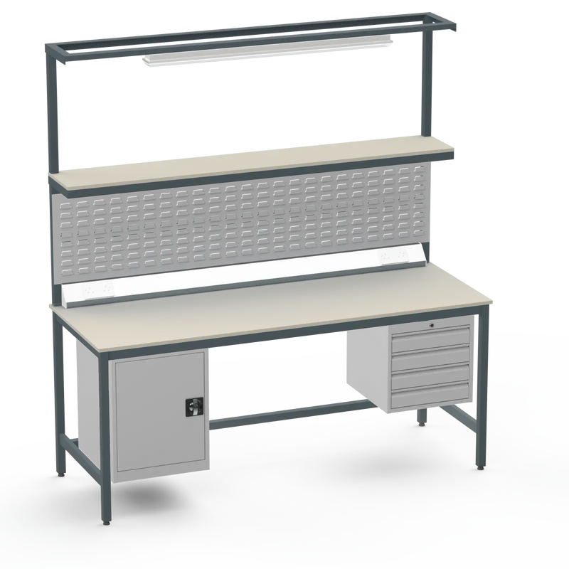 Electronics ESD Workbench | Anti-Static Worktop | Cupboard & 4 Drawers | Upper Shelf | Lighting Rail