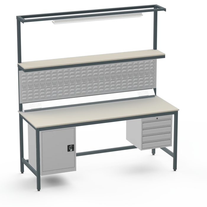 Electronics ESD Workbench | Anti-Static Worktop | Cupboard & 4 Drawers | Upper Shelf | Lighting Rail