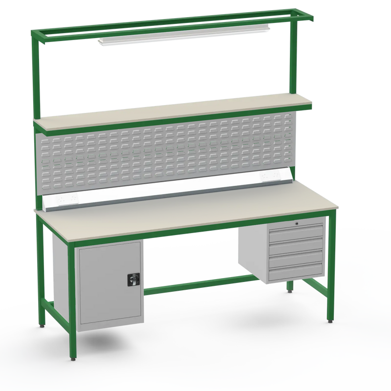 Electronics ESD Workbench | Anti-Static Worktop | Cupboard & 4 Drawers | Upper Shelf | Lighting Rail